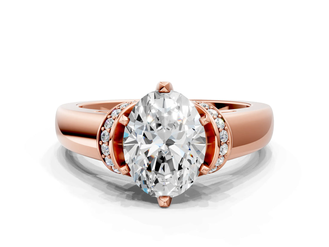 Rose gold Oval Solitaire Diamond Ring with Pave Band and Six-Prong Setting_35