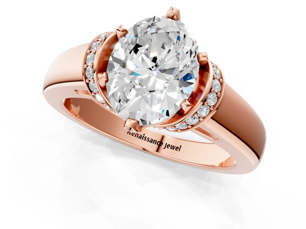 Rose gold Oval Solitaire Diamond Ring with Pave Band and Six-Prong Setting