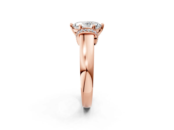 Rose gold Oval Solitaire Diamond Ring with Pave Band and Six-Prong Setting