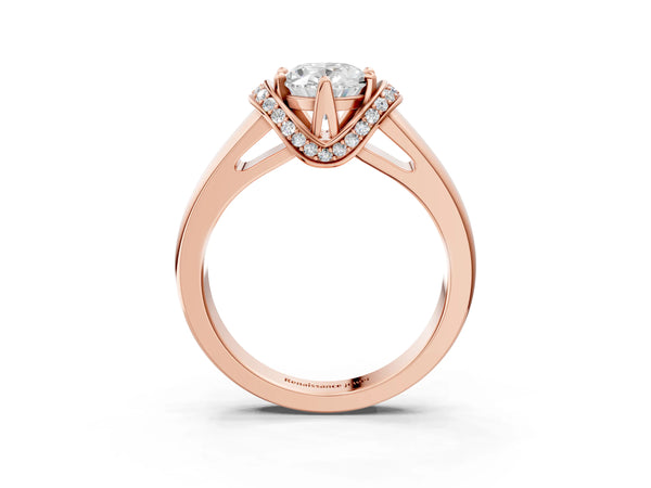 Rose gold Oval Solitaire Diamond Ring with Pave Band and Six-Prong Setting