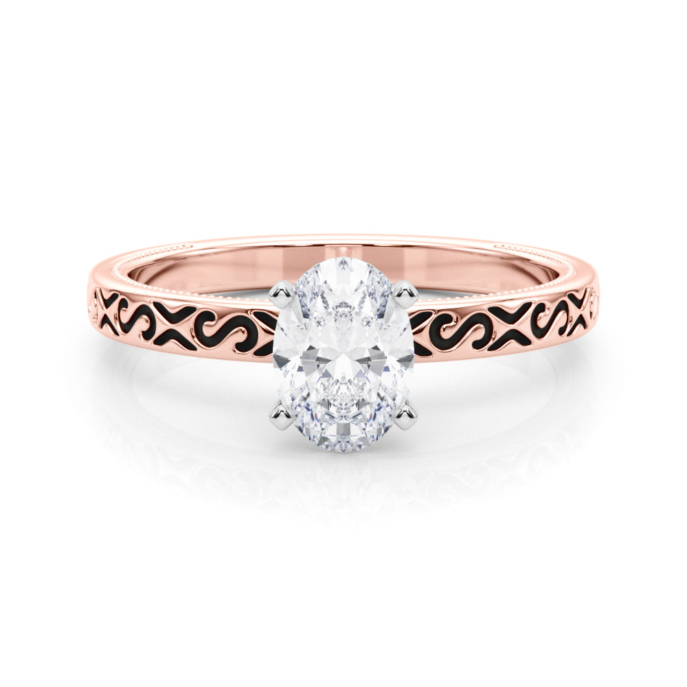 Rose gold Oval Solitaire Engagement Ring with Scrollwork Band and Four-Prong Setting 1