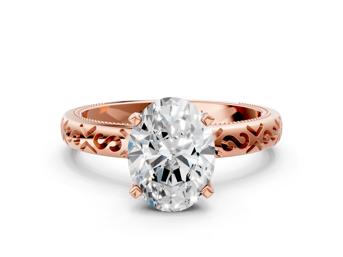 Rose gold Oval Solitaire Engagement Ring with Scrollwork Band and Four-Prong Setting_119