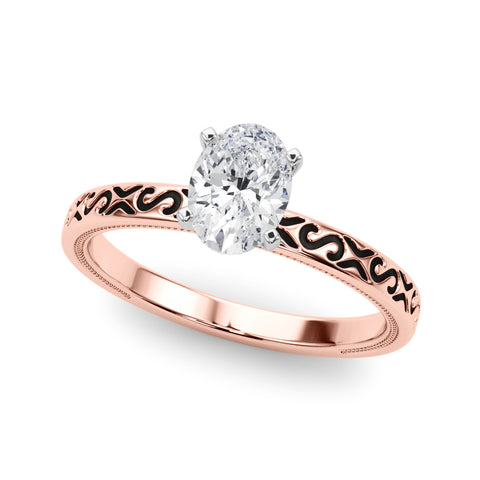 Rose gold Oval Solitaire Engagement Ring with Scrollwork Band and Four-Prong Setting