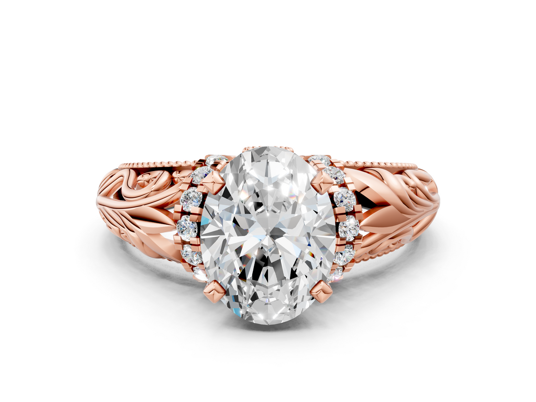 Rose gold Oval Solitaire Filigree Engagement Ring with Halo and Prong Setting_74