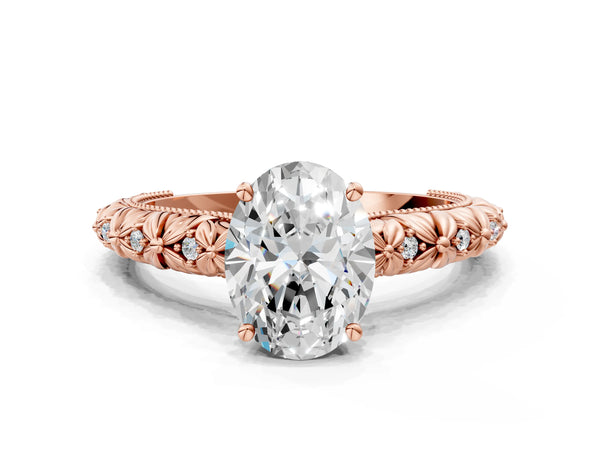 Rose gold Oval Solitaire Floral Milgrain Engagement Ring