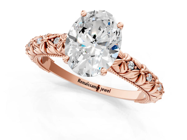 Rose gold Oval Solitaire Floral Milgrain Engagement Ring