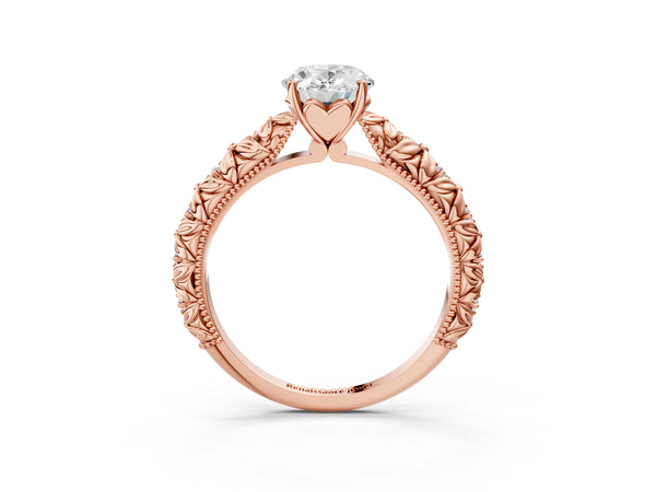 Rose gold Oval Solitaire Floral Milgrain Engagement Ring