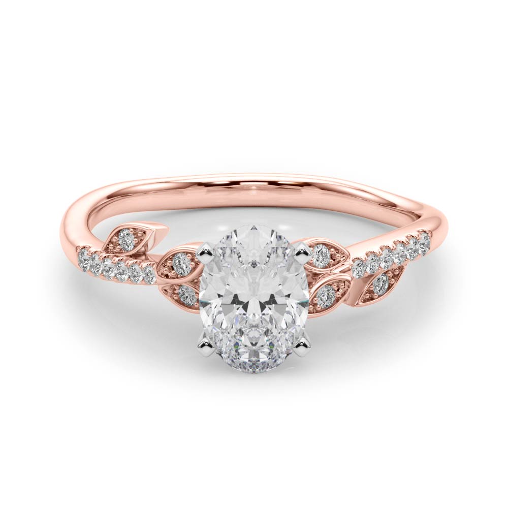 Rose gold Oval Solitaire Leaf-Inspired Diamond Ring with Pavé Band and Four-Prong Setting 1