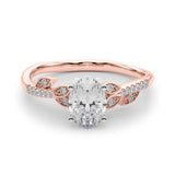 Rose gold Oval Solitaire Leaf-Inspired Diamond Ring with Pavé Band and Four-Prong Setting 1
