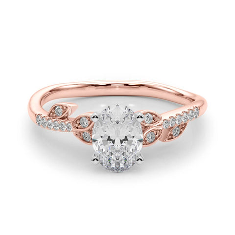 Rose gold Oval Solitaire Leaf-Inspired Diamond Ring with Pavé Band and Four-Prong Setting 1