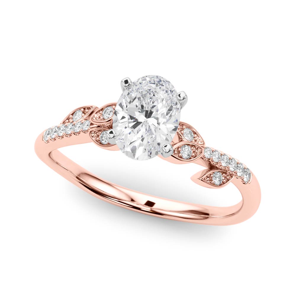 Rose gold Oval Solitaire Leaf-Inspired Diamond Ring with Pavé Band and Four-Prong Setting