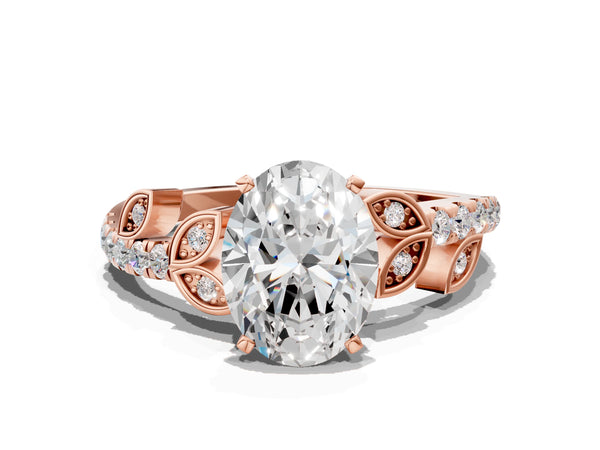 Rose Gold Oval Leaf Solitaire Engagement Ring Setting with Pave Band