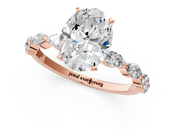 Rose gold Oval Cut Diamond Ring with Marquise Side Stones and Prong Setting