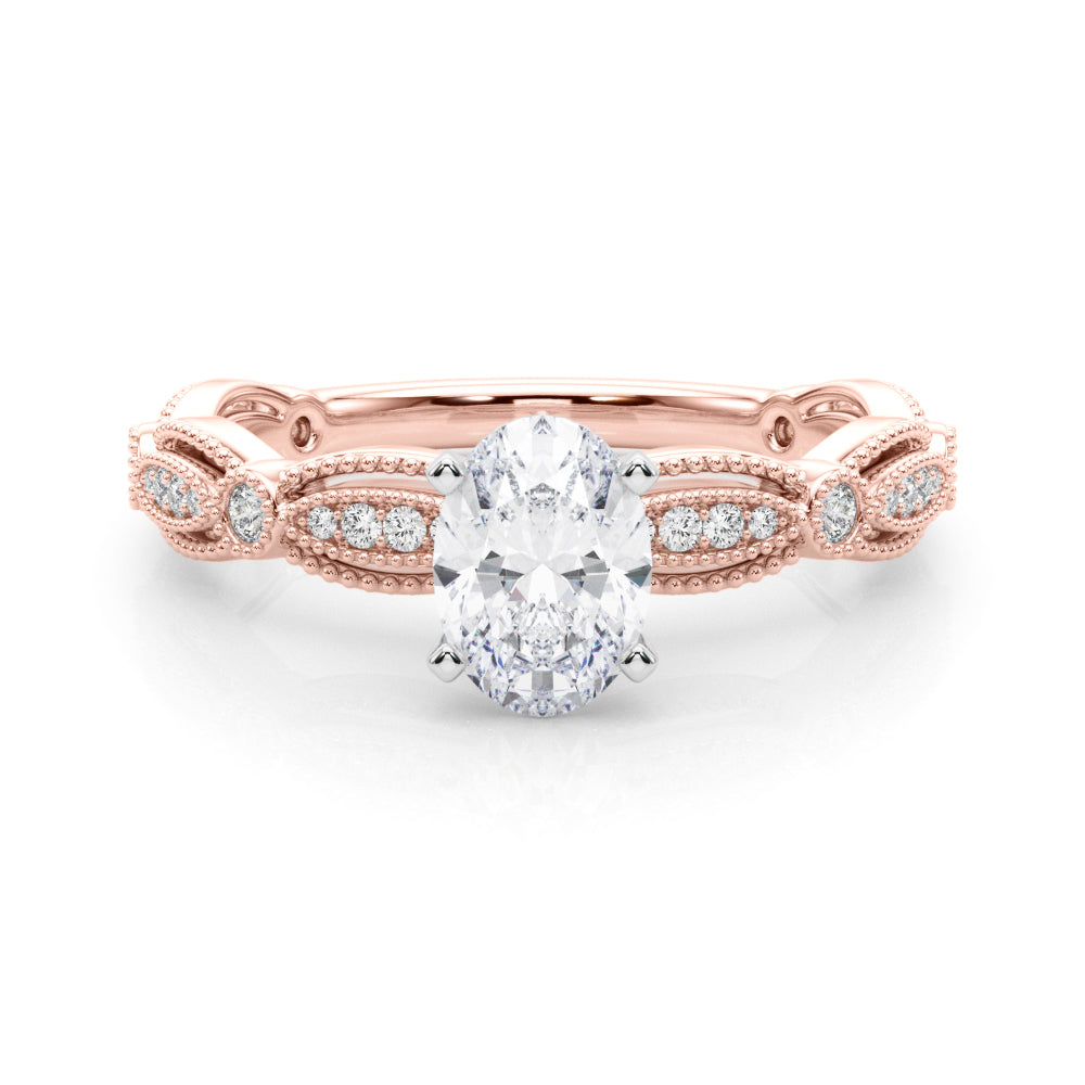 Rose gold Oval Solitaire Milgrain Diamond Engagement Ring with Bezel and Marquise Band 1