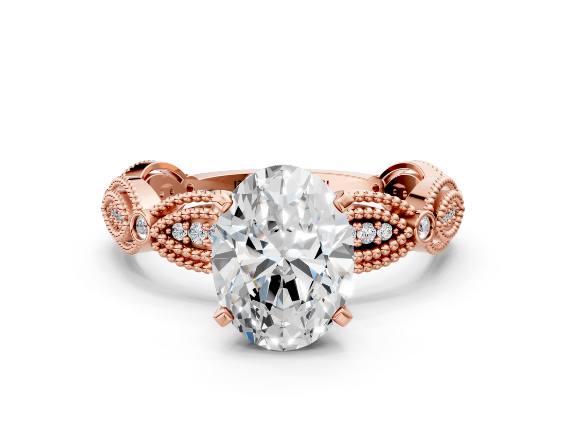 Rose gold Oval Solitaire Milgrain Diamond Engagement Ring with Bezel and Marquise Band_154