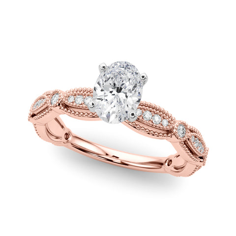 Rose gold Oval Solitaire Milgrain Diamond Engagement Ring with Bezel and Marquise Band