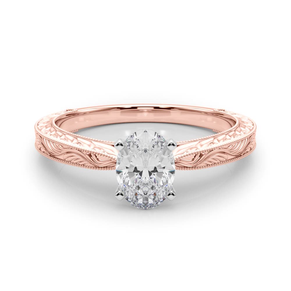 Rose gold Oval Solitaire Milgrain Engraved Band with Four-Prong Setting 1