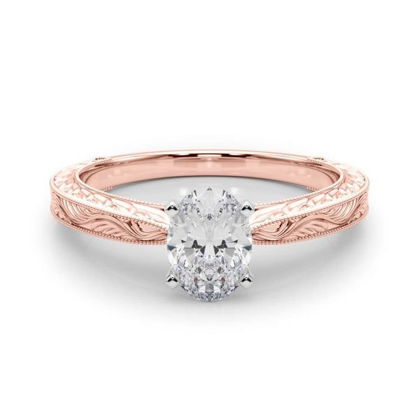 Rose gold Oval Solitaire Milgrain Engraved Band with Four-Prong Setting