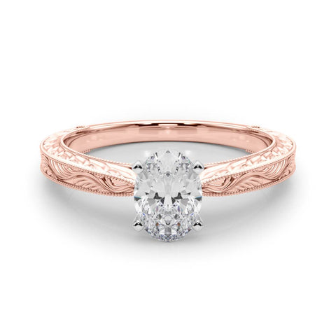 Rose gold Oval Solitaire Milgrain Engraved Band with Four-Prong Setting 1