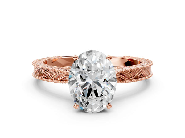 Rose gold Oval Solitaire Milgrain Engraved Band with Four-Prong Setting