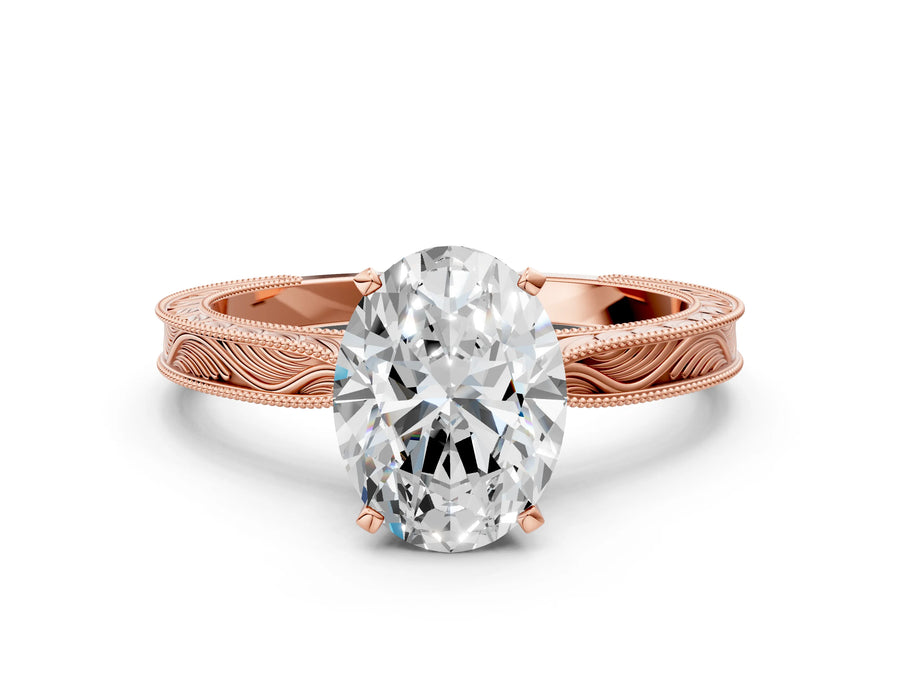 Rose gold Oval Solitaire Milgrain Engraved Band with Four-Prong Setting