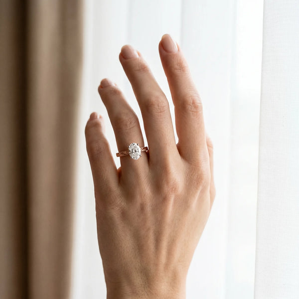Rose gold Oval Solitaire Milgrain Engraved Band with Four-Prong Setting