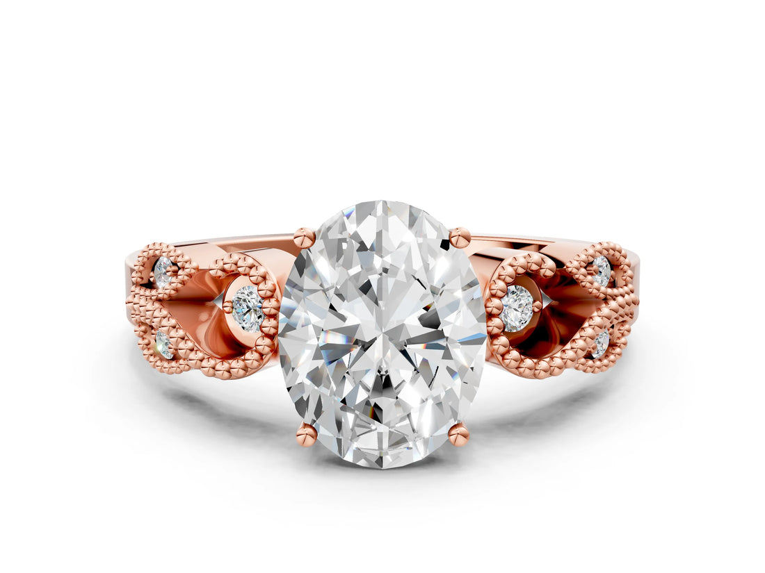 Rose gold Oval Solitaire Milgrain Leaf Band with Prong Setting_3