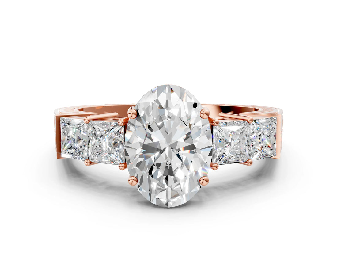 Rose gold Oval Solitaire Princess Side Stone Engraved Band Prong Setting Ring_3