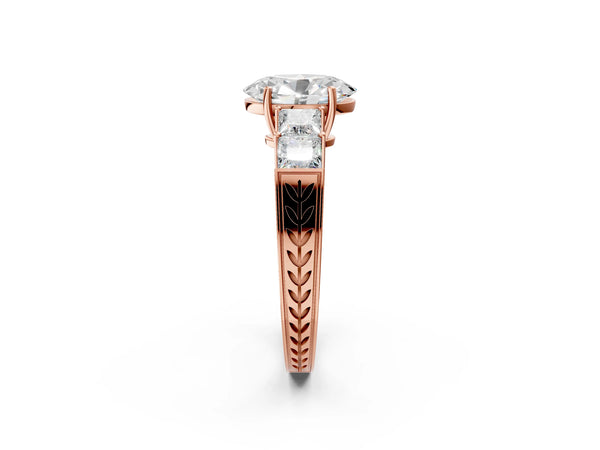 Rose gold Oval Solitaire Princess Side Stone Engraved Band Prong Setting Ring