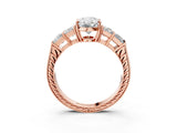 Rose gold Oval Solitaire Princess Side Stone Engraved Band Prong Setting Ring_6