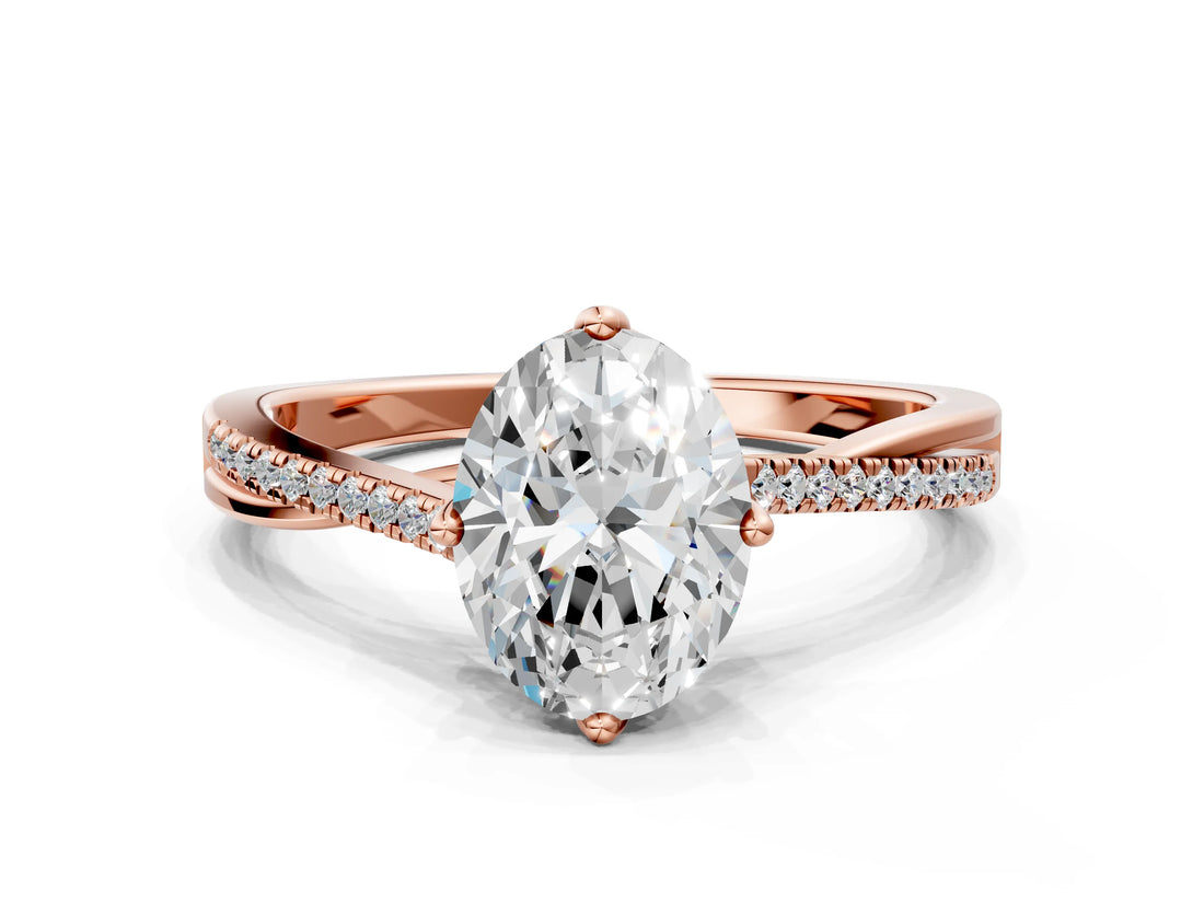 Rose gold Oval Solitaire Twist Band with Pavé Diamonds and Four-Prong Setting_65