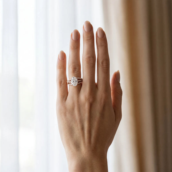 Rose gold Oval Solitaire Twist Band with Pavé Setting and Four-Prong Setting