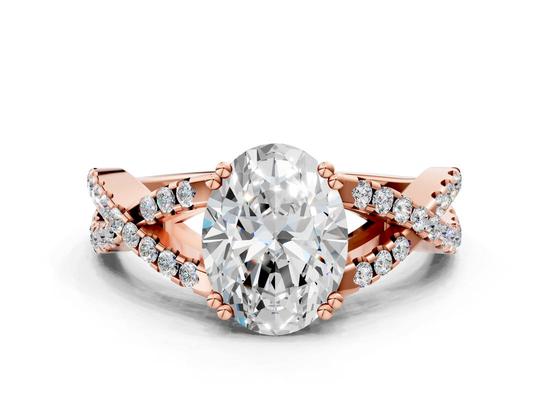 Rose gold Oval Solitaire Twist Band with Pavé Setting and Four-Prong Setting_57