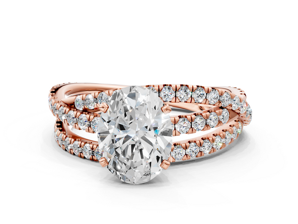Rose gold Oval Solitaire Twist Band with Pavé Setting and Four-Prong Setting