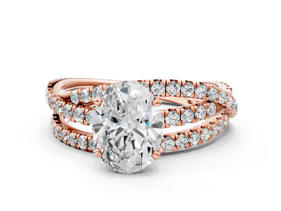Rose gold Oval Solitaire Twist Band with Pavé Setting and Four-Prong Setting