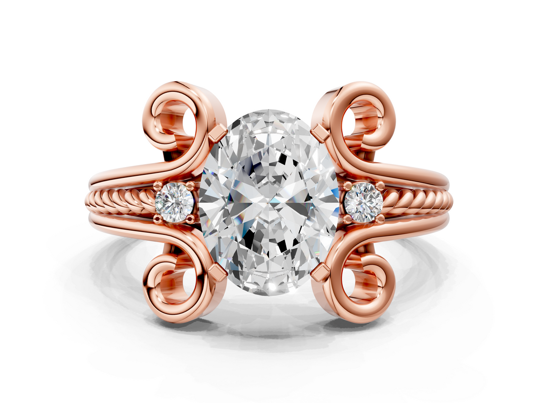 Rose gold Oval Solitaire Twisted Band Scroll Prong Ring_3
