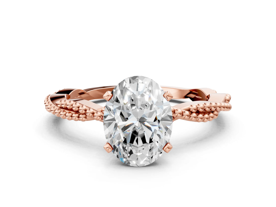 Rose gold Oval Solitaire Twisted Band with Bead Prong Setting_422