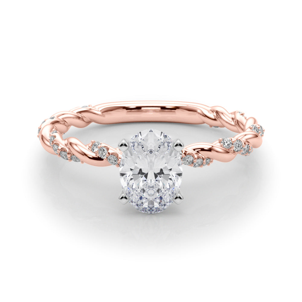 Rose gold Oval Solitaire Twisted Band with Pavé Accents and Four-Prong Setting 1