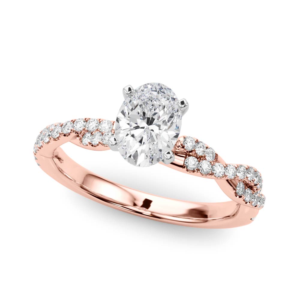 Rose gold Oval Solitaire Twisted Pave Band with Four-Prong Setting