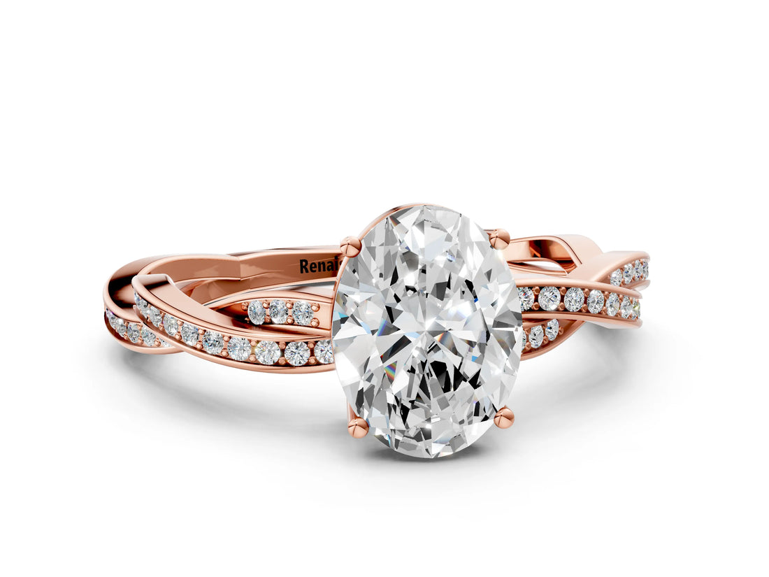 Rose gold Oval Solitaire Twisted Pave Diamond Ring with Four-Prong Setting_12