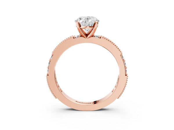 Rose Gold Oval Vintage Solitaire Engagement Ring Setting with Milgrain-Edge Pave Band