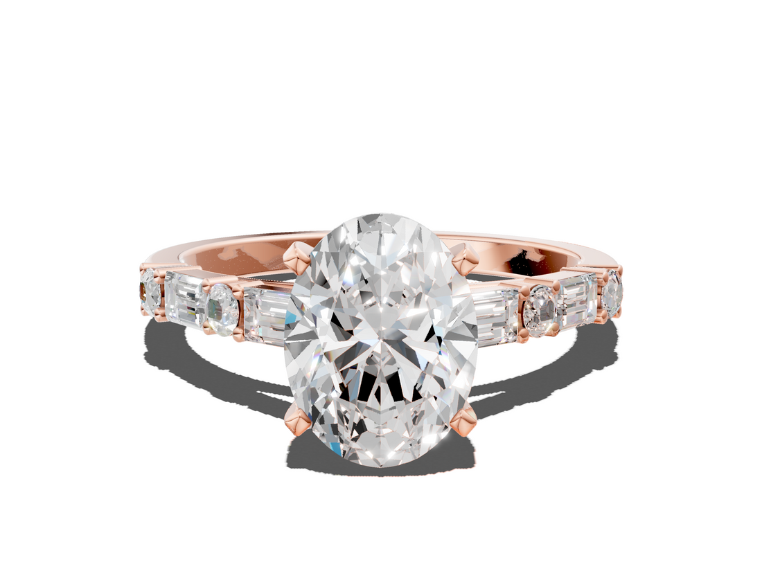 Rose gold Oval Solitaire with Side Baguettes and Channel Set Band_62