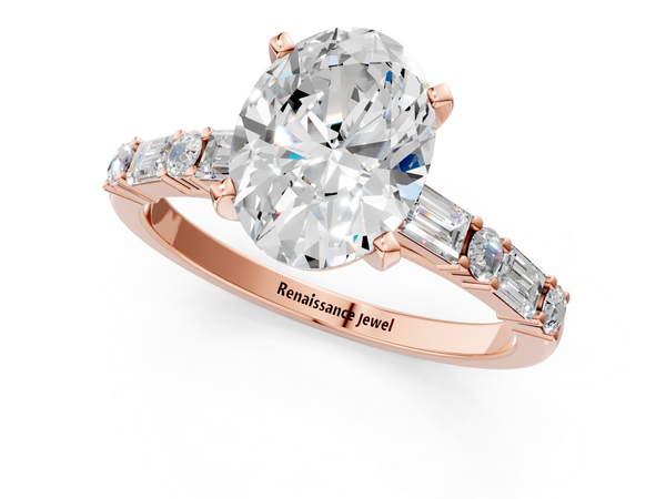 Rose gold Oval Cut Diamond Solitaire with Side Baguettes and Channel Set Band