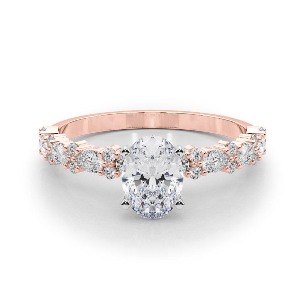 Rose gold Oval Solitaire with Side Stones, Pave Band, Four-Prong Setting 1
