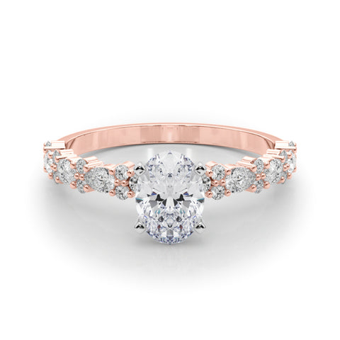 Rose gold Oval Solitaire with Side Stones, Pave Band, Four-Prong Setting 1