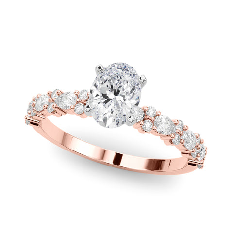Rose gold Oval Solitaire with Side Stones, Pave Band, Four-Prong Setting