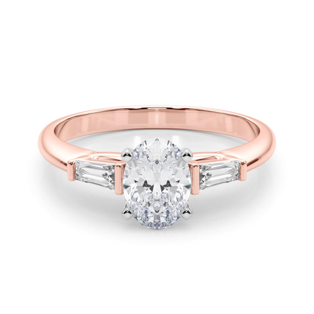 Rose gold Oval Solitaire with Tapered Baguette Side Stones on a Classic Band with Four-Prong Setting 1
