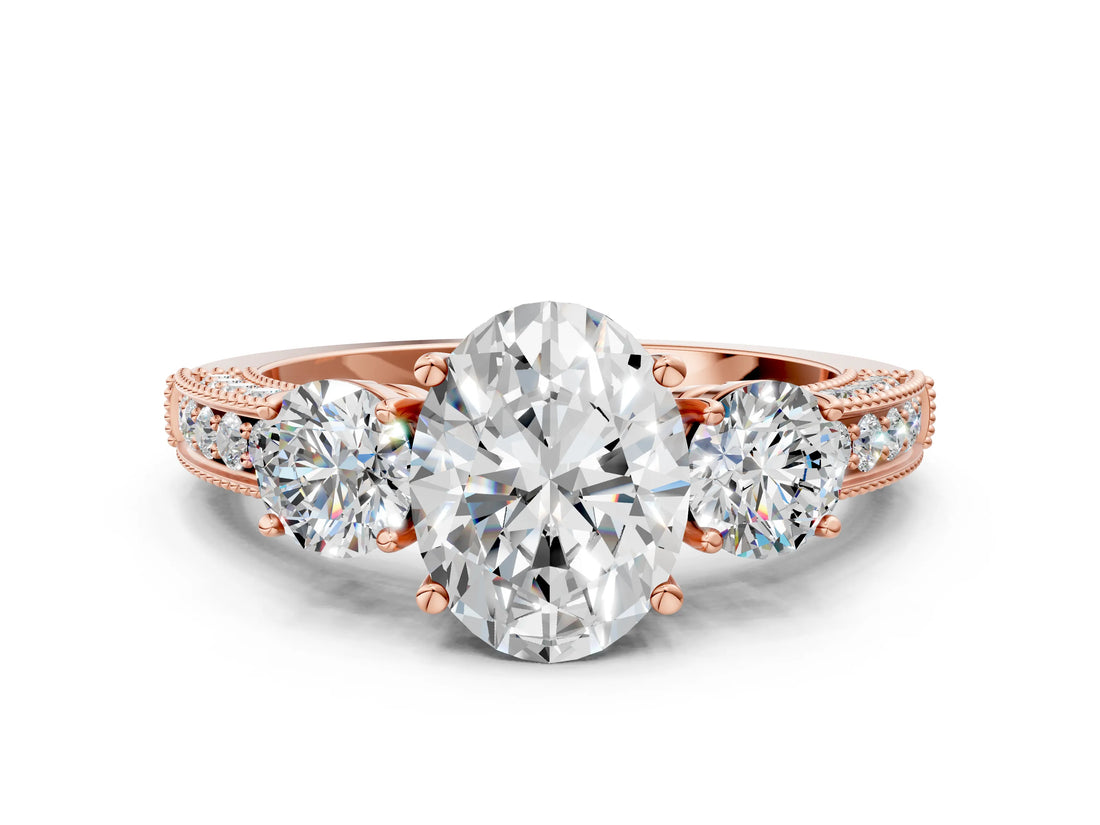 Rose gold Oval Three-Stone Diamond Ring with Pavé Band and Four-Prong Setting_6