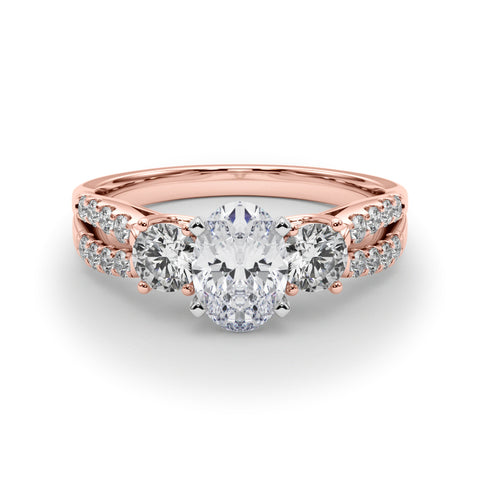 Rose gold Oval Three-Stone Diamond Ring with Pavé Split Shank and Four-Prong Setting 1