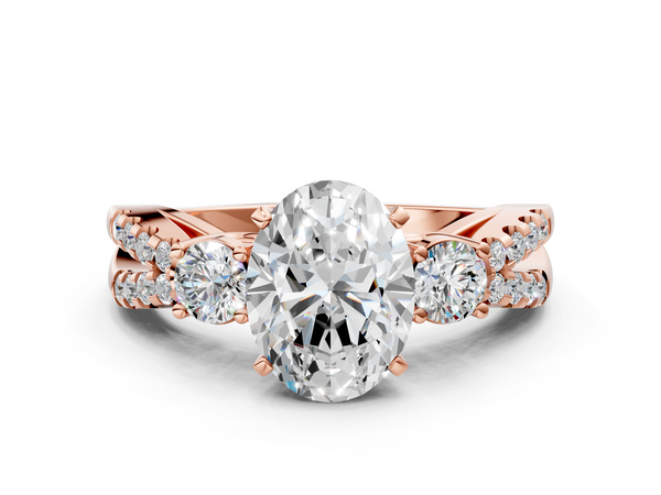 Rose gold Oval Cut Diamond Three-Stone Ring with Pavé Split Shank and Four-Prong Setting